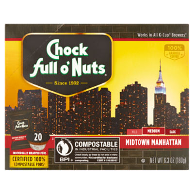 Chock full o'Nuts Midtown Manhattan Medium Coffee Pods, 20 count, 6.3 oz, 20 Each