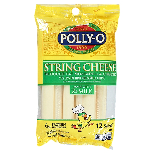 Polly-O Reduced Fat Mozzarella Natural String Cheese Snacks, 12 count, 10 oz
Made with Milk from Cows Raised without Added rbST Hormone*
*No Significant Difference Has Been Shown Between Milk Derived from rbST-Treated and Non-rbST-Treated Cows

Fat: This product 3.5g; Mozzarella 5g