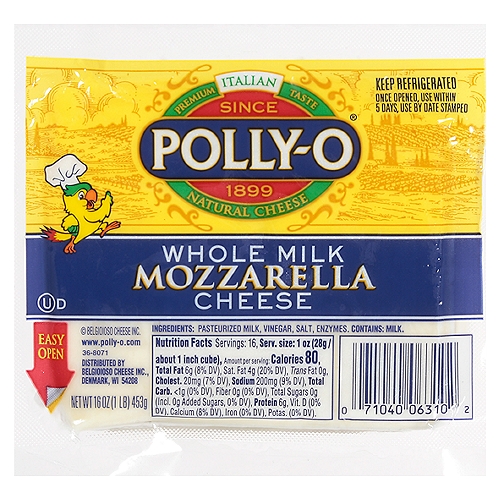 Polly-O Mozzarella Cheese Chunk with Whole Milk, 16 oz Pack
Polly-O Whole Milk Mozzarella brings premium quality ingredients directly to the dinner table. This mozzarella cheese stays true to classic Italian techniques to add a little taste of Italy to every bite. Slice or crumble this mozzarella to your preference, and enjoy the creamy texture that its whole milk recipe provides. Transform your everyday meals into an indulgent experience with Polly-O Mozzarella Cheese. Add it to your salads, sandwiches, pasta, casseroles, and pizzas for delicious flavor and creamy texture. This 16 ounce cheese chunk comes in an easy-to-open vacuum packed wrapper. Keep this whole milk mozzarella cheese refrigerated.

• One 16 oz. package of Polly-O Whole Milk Mozzarella Cheese
• Polly-O Whole Milk Mozzarella Cheese delivers authentic Italian flavor to every meal
• Solid cheese lets you slice or crumble how you like
• Made with whole milk for rich and authentic taste
• Mozzarella cheese from a brand that has been making high-quality cheese since 1899
• Vacuum packed to lock in flavor
• Keep refrigerated