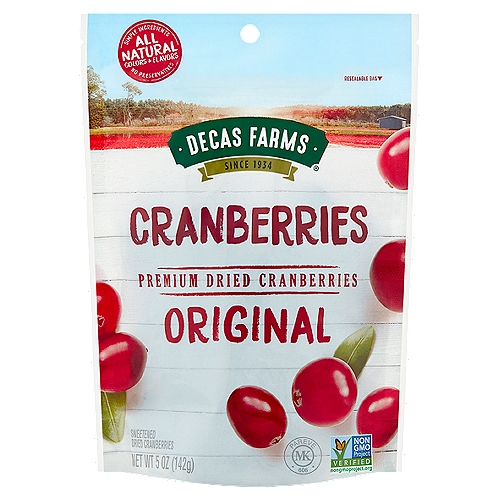 Decas Farms Original Premium Dried Cranberries, 5 oz
Sweetened Dried Cranberries

America's Original Superfruit®