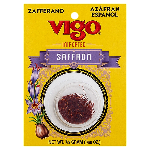 Vigo Saffron, 1/56 oz
Saffron is a native spice of Asia. Used since ancient times, it has remained highly prized for its unique taste and aroma, and the wonderful flavor it imparts to foods. Saffron is derived by picking the filaments or stigmas of a particular crocus plant, Crocus Sativus. It takes about 75,000 flowers to yield one pound of Saffron.
It is planted, picked, and sorted by hand, hence earning the title as the world's most exotic spice. Saffron is a natural spice whose flavor cannot be duplicated.
Saffron is the traditional flavoring of many European dishes, such as French Bouillabaisse, Spanish Paella and Milanese Risotto, and is used extensively in middle eastern cookery. A pinch will color and flavor one pound of rice.