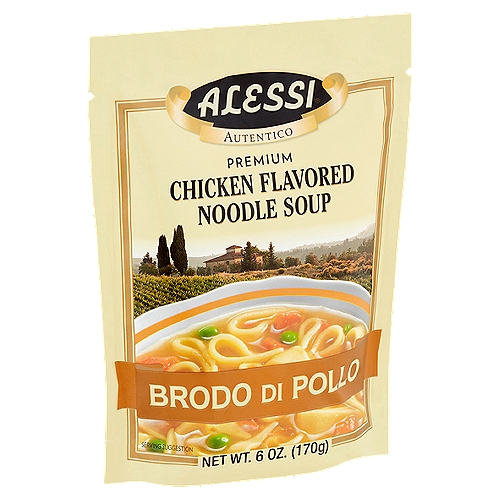 Alessi Premium Brodo Di Pollo Chicken Flavored Noodle Soup, 6 oz
There is nothing quite as satisfying as a bowl of rich, hearty soup. Soups are eaten in almost every corner of the world and over the years, certain soups have become associated with particular countries. Italy is no exception with several regions boasting claim to some of the world's best soups.

''Brodo di Pollo'' literally means ''Chicken Broth'' in Italian. This translation accurately reflects the wholesome goodness and intensity of flavor of this satisfying fare common to many cuisines of the world. With as many recipes as supposed curative properties, the Italian version of Chicken Noodle Soup is an uncomplicated marvel. Bits of carrot, celery, onion, chicken and of course, egg pasta, are added to a hearty chicken broth to create a light, yet filling meal.