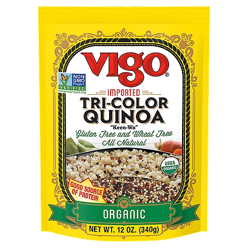 Vigo Organic Tri-Color Quinoa, 12 oz
Quinoa (pronounced keen-wa), an ancient food of the Incan civilization, has been referred to throughout history as the ''Mother seed''. Often described as a grain, it is actually the seed of a certain plant in the same family as beets, chard and spinach. It was a staple of the people of the mountainous Andes regions of Bolivia, Peru and Chile for over 5,000 years. Quinoa was so important to the natives they thought of it as a sacred food. When the Spanish conquistadors invaded South America, they destroyed much of the quinoa crops in an effort to defeat and control the indigenous people. The crops were nearly wiped out but have slowly been restored over time. Although once only eaten in South America, its versatility and healthful attributes have made it increasingly popular in the U.S.

Vigo premium Tri-Color Quinoa is light, delicate and somewhat nutlike in taste. It cooks up fluffy and adds texture and crunchiness to dishes. Not only high in protein, it includes many essential amino acids. Quinoa is versatile and can easily be used in place of other grains in most recipes including sweetened porridge for breakfast, in salads or in rich stews or soups with meats and vegetables. No wonder it is considered by many to be the perfect food.