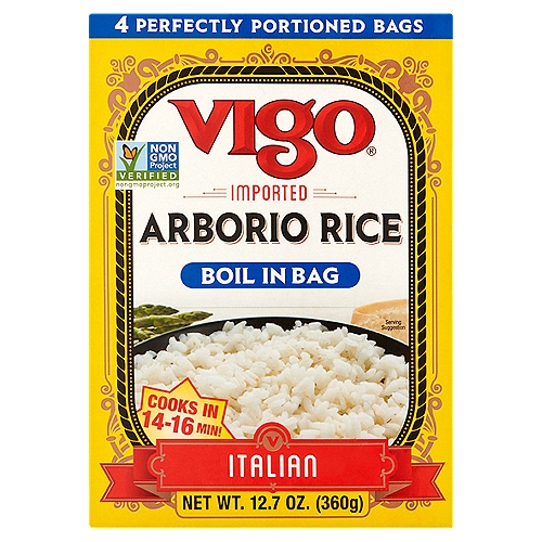 Vigo Boil in Bag Italian Arborio Rice, 4 count, 12.7 oz
Vigo Boil in the Bag Arborio Rice is convenient and easy to use. Perfectly portioned servings cook in only 14 - 16 minutes, require no measuring and create no mess. Arborio rice is the spot-on base for your personalized, one-bowl meal creation.

Italy is Europe's largest greatest producer of rice. The wetlands and cool temperature of the Lombardy region harbor the ideal conditions for lush rice yields. Thick, short grained Arborio rice is the best known and most exported type. It is the perfect rice to serve as a side dish, in a salad or as a base of a one dish meal.