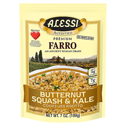 Farro, known as the ''Mother of all wheat'' was so important to the Roman legion that it was sometimes used as currency. This ancient Mediterranean grain was and is still a staple food prized not only for its taste but also for its nutritional value. High in protein and fiber, it is very easy to digest and can be enjoyed in a number of ways.nnAlessi Farro with Butternut Squash & Kale begins with delicious, nutty flavored, whole grain farro. To the farro, we add the sweet, pumpkin-like taste of winter butternut squash and pair it with the nutritional powerhouse, kale. With a quick twenty minute cooking time, this hearty dish satiates hunger pangs and offers a pleasing texture. Use as a side dish or as a base for a one bowl meal.