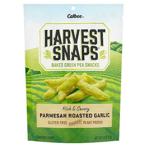 Calbee Harvest Snaps Rich & Savory Parmesan Roasted Garlic Flavored Crisps, 3.0 oz
Baked Green Pea Snacks

That Crunch You Crave with Big-Time Taste - Our Snacks are Super Satisfying without Being Sinful. And Because Our Peas are Farm-Picked and Milled in-House, they Pack Plant-Powered Protein in Every Snap. Bring on the Fiber, the Flavor and the Feel Good.