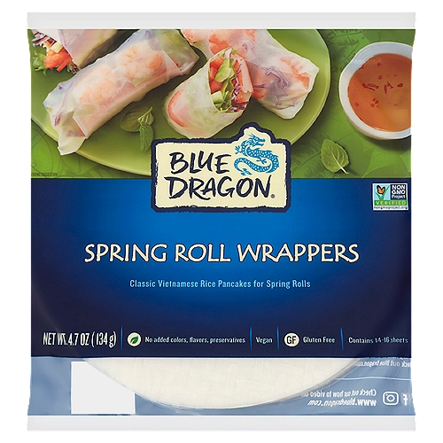 Blue Dragon Spring Roll Wrappers, 4.7 oz
Classic Vietnamese Rice Pancakes for Spring Rolls

Vietnamese Spring Rolls are fresh, delicious and easy to make with Blue Dragon Spring Roll Wrappers!
Just fill with your choice of veggies, meat or seafood.

Meets the Non-GMO Project Standards for avoiding genetically modified or bioengineered materials.