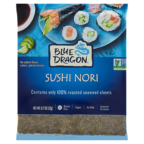 Blue Dragon Sushi Nori, 0.77 oz
Sushi Nori is dried and roasted seaweed used to wrap rice when making sushi. Not only is it rich in 'natural umami' flavor, it can be used in many ways beyond traditional sushi rolls! It's delicious simply torn into strips and used in salads or noodle dishes. Or try it as a simple hand roll, poke bowl or even japanese rice balls.

Blue Dragon Sushi Nori is made in South Korea, a region that is known for the high quality of its Nori.

Meets the Non-GMO Project Standards for avoiding genetically modified or bioengineered materials.