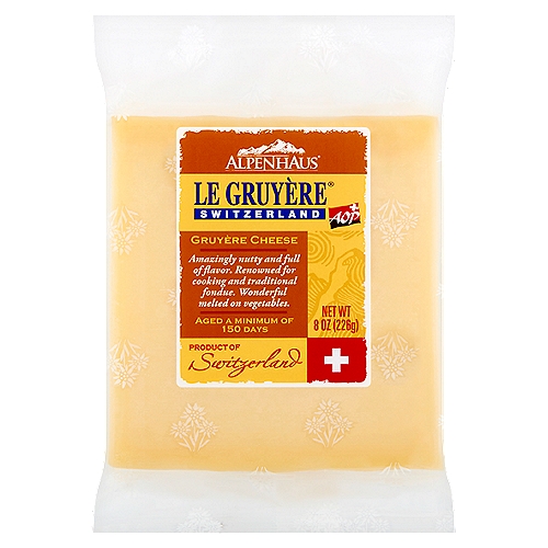 Alpenhaus Le Gruyère Cheese, 8 oz
Amazingly nutty and full of flavor. Renowned for cooking and traditional fondue. Wonderful melted on vegetables.
