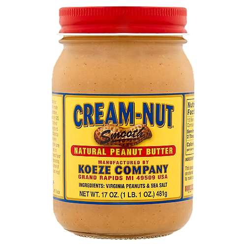 CREAM NUT SMOOTH NATURAL PEANUT BUTTER, 17 OUNCE.