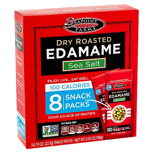 Seapoint Farms Sea Salt Dry Roasted Edamame, 0.79 oz, 8 count
Seapoint Farms Dry Roasted Edamame (ed-ah-mah-may) is healthy and delicious and packed with plant based protein and fiber. Our Dry Roasted Edamame contains all the essential amino acids, is naturally cholesterol free and contains no trans fat. These nutty and crunchy roasted green gems are great as a healthy snack, salad topper or just add them to your yogurt or favorite trail mix. Seapoint Farms believes that you can enjoy snacking without sacrificing taste or nutrition. Enjoy!