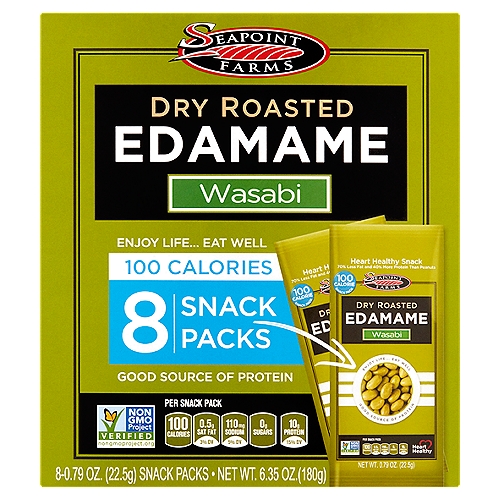 Seapoint Farms Wasabi Dry Roasted Edamame, 0.79 oz, 8 count
Seapoint Farms Dry Roasted Edamame (ed-ah-mah-may) is healthy and delicious and packed with plant based protein and fiber. Our Dry Roasted Edamame contains all the essential amino acids, is naturally cholesterol free and contains no trans fat. These nutty and crunchy roasted green gems are great as a healthy snack, salad topper or just add them to your yogurt or favorite trail mix. Seapoint Farms believes that you can enjoy snacking without sacrificing taste or nutrition. Enjoy!

Diets low in saturated fat and cholesterol, and as low as possible in trans fat, may reduce the risk of heart disease. So why not enjoy Seapoint Farms Dry Roasted Edamame as part of your daily snacking and do your heart a favor!