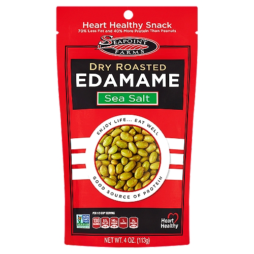 Seapoint Farms Sea Salt Dry Roasted Edamame, 4 oz
Seapoint Farms Dry Roasted Edamame (ed-ah-mah-may) is healthy and delicious and packed with plant based protein and fiber. Our Dry Roasted Edamame contains all the essential amino acids, is naturally cholesterol free and contains no trans fat. These nutty and crunchy roasted green gems are great as a healthy snack, salad topper or just add them to your yogurt or favorite trail mix. Seapoint Farms believes that you can enjoy snacking without sacrificing taste or nutrition. Enjoy!

Heart Healthy
Diets low in saturated fat and cholesterol, and as low as possible in trans fat, may reduce the risk of heart disease. So why not enjoy Seapoint Farms Dry Roasted Edamame as part of your daily snacking and do your heart a favor!