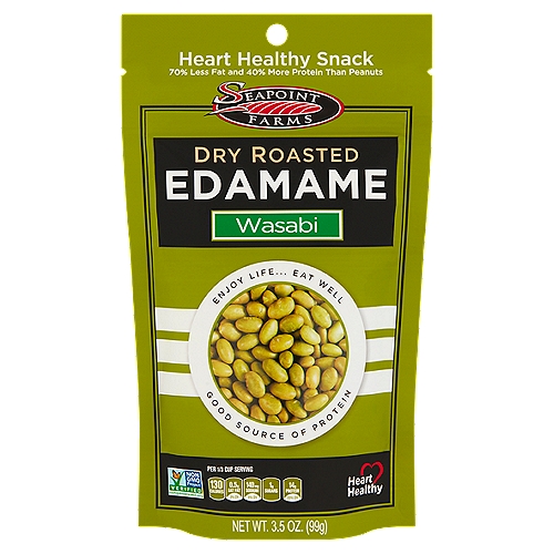 Seapoint Farms Wasabi Dry Roasted Edamame, 3.5 oz
Seapoint Farms Dry Roasted Edamame (ed-ah-mah-may) is healthy and delicious and packed with plant based protein and fiber. Our Dry Roasted Edamame contains all the essential amino acids, is naturally cholesterol free and contains no trans fat. These nutty and crunchy roasted green gems are great as a healthy snack, salad topper or just add them to your yogurt or favorite trail mix. 

Diets low in saturated fat and cholesterol, and as low as possible in trans fat, may reduce the risk of heart disease. So why not enjoy Seapoint Farms Dry Roasted Edamame as part of your daily snacking and do your heart a favor!