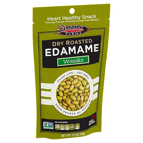 Seapoint Farms Wasabi Dry Roasted Edamame, 3.5 oz
Seapoint Farms Dry Roasted Edamame (ed-ah-mah-may) is healthy and delicious and packed with plant based protein and fiber. Our Dry Roasted Edamame contains all the essential amino acids, is naturally cholesterol free and contains no trans fat. These nutty and crunchy roasted green gems are great as a healthy snack, salad topper or just add them to your yogurt or favorite trail mix. 

Diets low in saturated fat and cholesterol, and as low as possible in trans fat, may reduce the risk of heart disease. So why not enjoy Seapoint Farms Dry Roasted Edamame as part of your daily snacking and do your heart a favor!