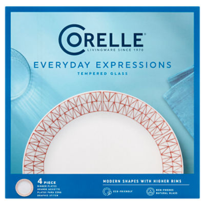 Corelle Everday Expressions Tempered Glass Graphic Stitch Dinner Plates, 4 count