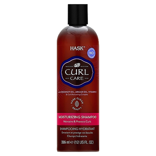 HASK Curl Care Moisturizing Shampoo, 12 fl ozShampoo  Hask Clean Beauty Strict standards for us, only the best formulas for you. Free of: sulfates, parabens, silicones, phthalates, gluten, drying alcohol & artificial colors.  Curl activating complex: for long-lasting, frizz-free curl retention & definition. Start your wash day with the Hask Curl Care Moisturizing Shampoo. Enriched with a miracle blend of coconut oil, organic argan oil & vitamin E, this formula hydrates and protects your curl texture from damage and frizz. Each wash gently removes build-up without stripping away natural oils, revealing bouncy and weightless curls.