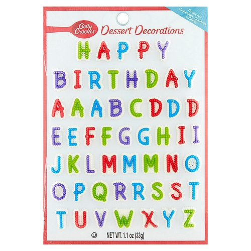 Betty Crocker™ Dessert Decorations are a quick and easy way to add happy birthday to any birthday cake or cupcakes! Perfect for use with Betty Crocker™ decors, cupcake liners, and candles!