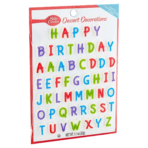 Betty Crocker Dessert Decorations Candy Pieces, 1.1 oz
Betty Crocker™ Dessert Decorations are a quick and easy way to add happy birthday to any birthday cake or cupcakes! Perfect for use with Betty Crocker™ decors, cupcake liners, and candles!