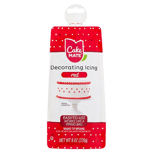 Cake Mate Red Decorating Icing, 8 oz
Cake Mate® Decorating Icing Makes Creating Desserts Easier than Ever! The Flexible Pouch is Easy to Hold and Control. The Pouch Opening is a Round Decorating Tip that Creates Dot, Bead, and Ball Decorations. The Opening Also Can Be Used with Cake Mate® or Betty Crocker™ Decorating Tips to Make a Variety of Decorations.