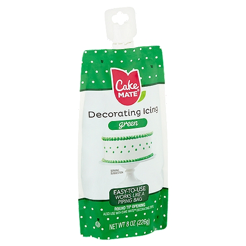 Cake Mate Green Decorating Icing, 8 oz
Cake Mate® Decorating Icing makes creating desserts easier than ever! The flexible pouch is easy to hold and control. The pouch opening is a round decorating tip that creates dot, bead, and ball decorations. The opening also can be used with Cake Mate® or Betty Crocker™ decorating tips to make a variety of decorations.