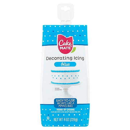 Cake Mate Blue Decorating Icing, 8 oz
Cake Mate® Decorating Icing makes creating desserts easier than ever! The flexible pouch is easy to hold and control. The pouch opening is a round decorating tip that creates dot, bead, and ball decorations. The opening also can be used with Cake Mate® or Betty Crocker™ decorating tips to make a variety of decorations.