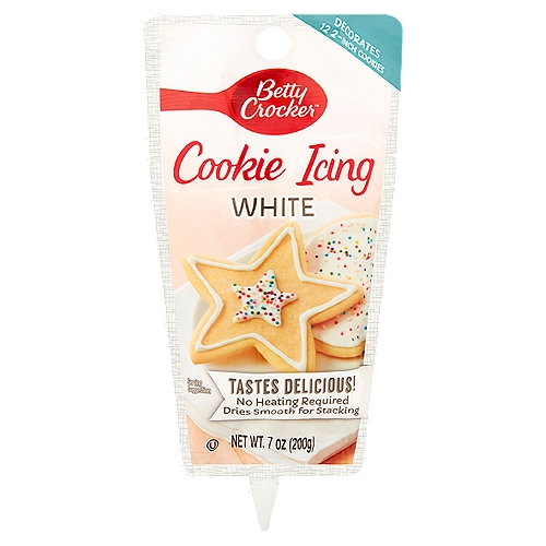 Betty Crocker White Decorating Cookie Icing, 7 oz
Stack Cookies Faster!
✓ Ready-to-use
✓ No heating required
✓ Decorate in minutes

Cookie icing is the easy way to decorate cookies. Simply squeeze the ready-to-use pouch over your cookies to create delicious treats. The icing sets up quickly, so you can stack your cookies to store them.