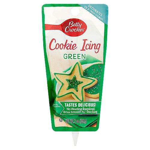 Betty Crocker Green Decorating Cookie Icing, 7 oz
Stack Cookies Faster!
✓ Ready-to-use
✓ No heating required
✓ Decorate in minutes

Cookie Icing is the easy way to decorate cookies. Simply squeeze the ready-to-use pouch over your cookies to create delicious treats. The icing sets up quickly, so you can stack your cookies to store them.