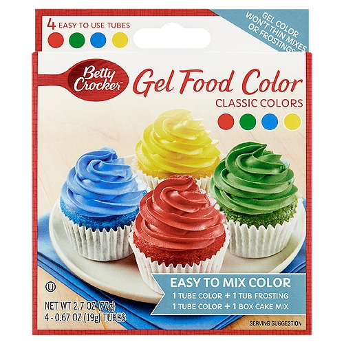 Betty Crocker Classic Gel Food Color,  0.67 oz, 4 count
Easy Color Blending & Mixing
• Gel base won't dilute even the most delicate recipes.
• Squeeze tubes make dispensing and color mixing simple.