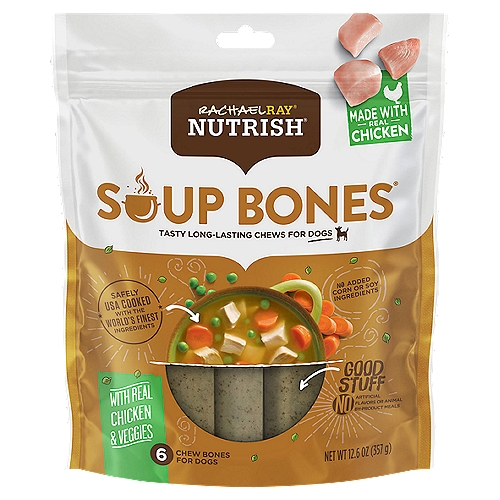 Rachael Ray Nutrish Soup Bones with Real Chicken & Veggies Chew Bones for Dogs, 6 count, 12.6 oznMmmm. A delicious, hearty, chicken soup bone. Wouldn't any dog want to get their paws on one? Now they can, with Rachael Ray® Nutrish® Soup Bones™ dog chews. They're made with real chicken and there's no added corn or soy ingredients! Now your dog can have a treat that tastes like a real soup bone any time they like - how fun!