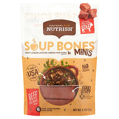 Rachael Ray Nutrish Soup Bones Beef and Barley Flavor Mini Chew Bones for Dogs, 6 count, 4.2 oznMmmm. A delicious, hearty, beef soup bone. Wouldn't any dog want to get their paws on one? Now they can, with Rachael Ray® Nutrish Soup Bones™ minis dog chews. They're made with real beef and there's no added corn or soy ingredients! Now your small dog can have a treat that tastes like a real soup bone any time they like - how fun!