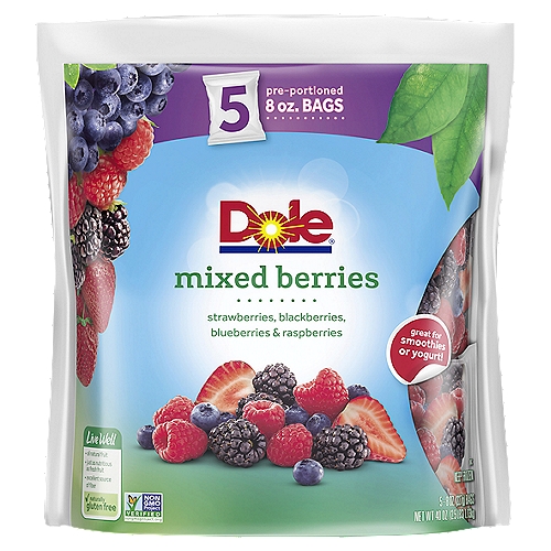Dole Mixed Berries, 8 oz, 5 count
Strawberries, Blackberries, Blueberries & Raspberries

Live Well
• all natural
• just as nutritious as fresh fruit
• excellent source of fiber
✓ naturally gluten free

Our Mixed Berries
Picked at peak sweetness & ripeness
Frozen to lock in flavor
Checked for quality assurance