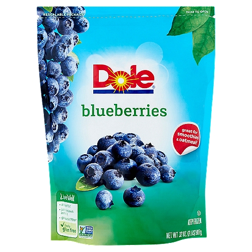 Dole Blueberries, 32 oz
Live Well
• all natural fruit
• just as nutritious as fresh fruit
• good source of fiber
✓ naturally gluten free

Our Blueberries
Picked at peak sweetness & ripeness
Frozen to lock in flavor
Checked for quality assurance
