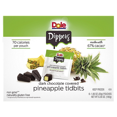 Dole Dippers Dark Chocolate Covered Real Pineapple Tidbits, 1.06 oz, 6 count
Made with 67% cacao**
**percentage of cacao included in the dark chocolate only

Non GMO^
^no genetically modified (or engineered) ingredients