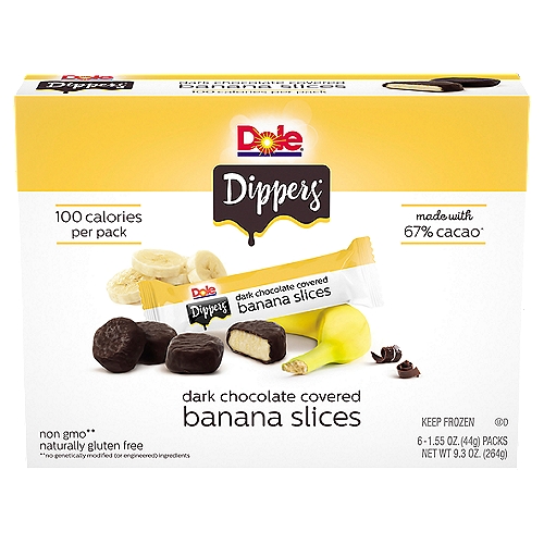 Dole Dippers Dark Chocolate Covered Banana Slices, 1.55 oz, 6 count
Made with 67% cacao^
^percentage of cacao included in the dark chocolate only

Non GMO**
**no genetically modified (or engineered) ingredients