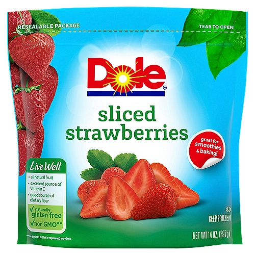 Dole Sliced Strawberries, 14 oz
Live Well
• all natural fruit
• excellent source of vitamin C
• good source of dietary fiber
✓ naturally gluten free
✓ non GMO**
**no genetically modified (or engineered) ingredients

Our Strawberries
Picked at peak sweetness & ripeness
Frozen to lock in flavor
Checked for quality assurance