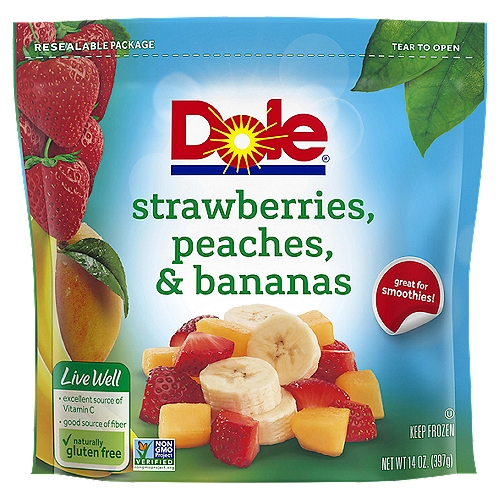 Dole Strawberries, Peaches, & Bananas, 14 oz
Live Well
• excellent source of vitamin C
• good source of fiber
✓ naturally gluten free

Our Strawberries, Peaches, & Bananas
Picked at peak sweetness & ripeness
Frozen to lock in flavor
Checked for quality assurance