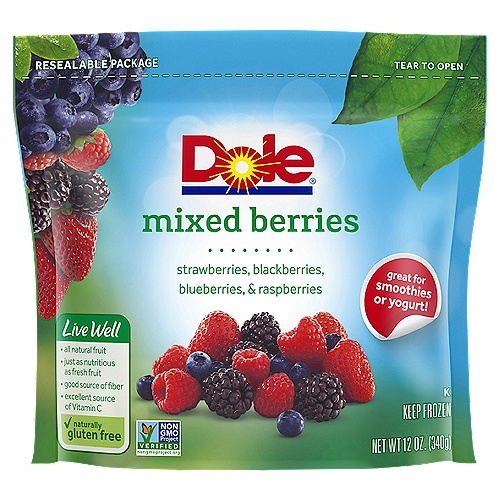 Dole Mixed Berries, 12 oz
Live Well
• all natural fruit
• just as nutritious as fresh fruit
• good source of fiber
• excellent source of vitamin C
✓ naturally gluten free

Our Mixed Berries
Picked at peak sweetness & ripeness
Frozen to lock in flavor
Checked for quality assurance