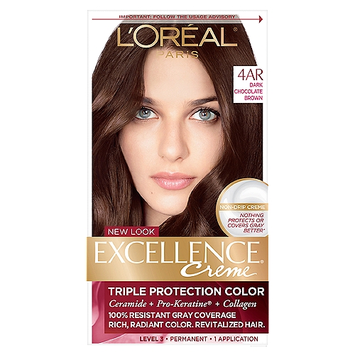 L'Oréal Paris Excellence Creme 4AR Dark Chocolate Brown Level 3 Permanent Haircolor, 1 application