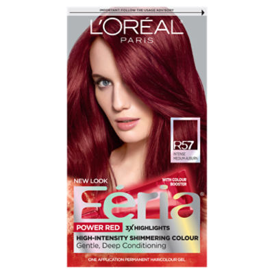 L'Oréal Paris Féria R57 Intense Medium Auburn Power Red Permanent Haircolour Gel, one application