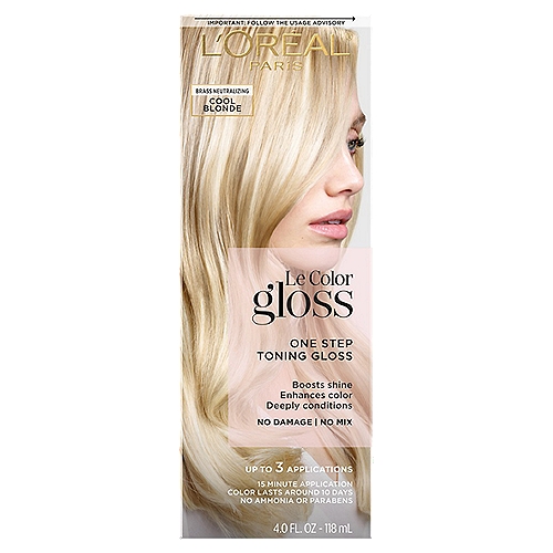 L'Oréal Paris Le Color Gloss Cool Blonde One Step Toning Gloss, 4 fl oz
Gloss & go with our salon-inspired service in a tube - no appointment needed! In just 1 step, boost shine, subtly enhance color & tone, & deeply condition. Hair is left looking unbelievably healthy & with a fresh hint of color.

Cool Blonde
Neutralizes brass in highlighted & bleached hair. Adds a cool-hued tone to naturally blonde hair.

Vegan*
*No animal derived ingredients or byproducts

What is a Gloss?
In salons, hair gloss services are used to boost shine, condition, & enhance color tone. Le Color Gloss delivers all of this - with no mix & no damage!

Who is It for?
Le Color Gloss can be used on anyone. From color-treated, bleached, highlighted, or natural hair - everyone can benefit.

Can It Be Used on Colored Hair?
Yes! Gloss is safe, and even recommended on color-treated hair. It will beautifully enhance and refresh your colored tone.

When Do I Use It?
Whenever your hair needs a pick-me-up, or in between colorings to boost dull strands.

How Often Can I Use It?
We recommend using 1x per week to maintain shiny, fresh-looking color. Color-treated hair may require less frequent usage depending upon condition of the hair.

Does It Last?
These salon-inspired results last around 10 days depending upon condition of hair & how often you shampoo.

Will It Cover Grays?
Our ammonia-free, no mix formula will not lift, cover, or lighten grays.

What's Inside?
Just 1 tube - no mixing!
Up to 3 applications in each tube.

Gloss is for Everyone
Have Color-Treated Hair? Bring dull, faded color back to life with evened tones.

Have Highlighted Hair?
Neutralize brassiness for a ''just-colored'' look.

Love Your Natural Color?
Revive color & add a healthy-looking high gloss shine.