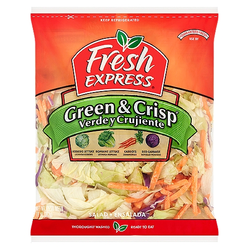 Fresh Express Green & Crisp Salad, 11 oz
Iceberg Lettuce, Romaine Lettuce, Carrots, Red Cabbage