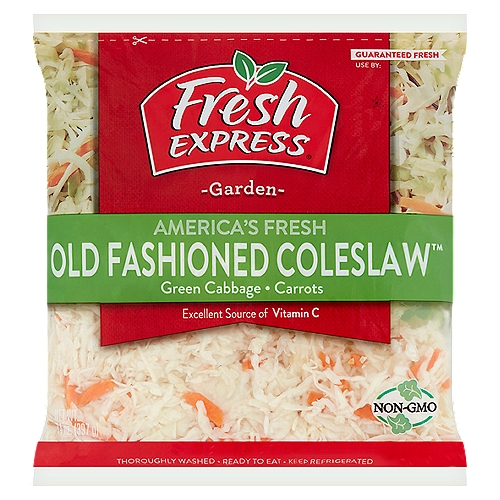 Fresh Express America's Fresh Old Fashioned Coleslaw, 14 oz
America's Fresh Old Fashioned Coleslaw is an excellent source of vitamin C. Vitamin C contributes to normal collagen formation and the normal function of bones, teeth, cartilage, gums, skin and blood vessels. Low fat diets rich in fruits and vegetables (foods that are low in fat and contain vitamin A, vitamin C and dietary fiber) may reduce the risk of some types of cancer, a disease associated with many factors. Green cabbage is an excellent source of vitamin C.

Why We're so Fresh®
To Guarantee Fresh Express Salads are Consistently, Delicious Fresh®, we:
• Cool Our Salads Within Hours of Harvest and Keep them Chilled from Field to Store.
• Thoroughly Rinse and Gently Dry; then Seal them in Our Keep-Crisp® Bag to Maintain Freshness.
• Deliver Fresh Salads Daily.