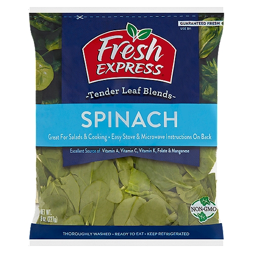 Fresh Express Spinach, 8 oz
Spinach is an excellent source of vitamin A, vitamin C, vitamin K, folate & manganese. Vitamin A contributes to the maintenance of normal vision. Folate contributes to normal maternal tissue growth during pregnancy. Vitamin C contributes to normal collagen formation and the normal function of bones, teeth, cartilage, gums, skin and blood vessels. Vitamin K contributes to maintenance of normal bone. Low fat diets rich in fruits and vegetables (foods that are low in fat and contain vitamin A, vitamin C and dietary fiber) may reduce the risk of some types of cancer, a disease associated with many factors.

Why We're So Fresh®
To Guarantee Fresh Express Salads Are Consistently, Deliciously Fresh®, We:
• Cool Our Salads within Hours of Harvest and Keep them Chilled from Field to Store.
• Thoroughly Rinse and Gently Dry; then Seal them in Our Keep-Crisp® Bag to Maintain Freshness.
• Deliver Fresh Salads Daily.

Fruits & veggies more matters®