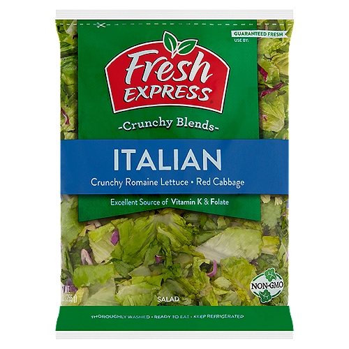 Fresh Express Italian Salad, 9 oz
Why We're so Fresh®
to Guarantee Fresh Express Salads Are Consistently, Deliciously Fresh®, We:
• Cool Our Salads within Hours of Harvest and Keep them Chilled from Field to Store.
• Thoroughly Rinse and Gently Dry; Then Seal them in Our Keep-Crisp® Bag to Maintain Freshness.
• Deliver Fresh Salads Daily.

Italian is an excellent source of vitamin K & folate. Vitamin K contributes to maintenance of normal bone. Folate contributes to the reduction of fatigue.