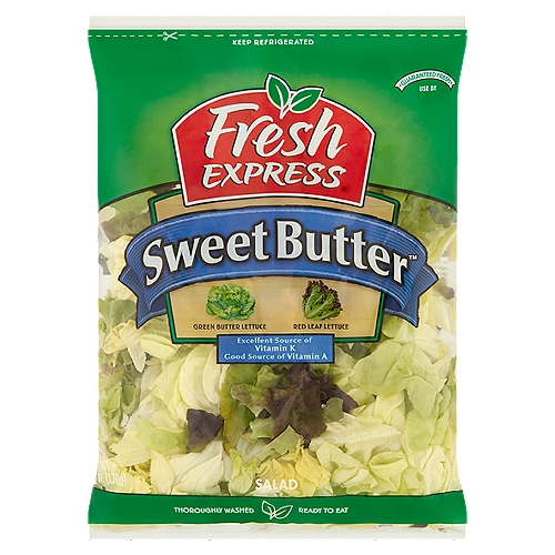 Fresh Express Sweet Butter Salad, 6 oz
Green Butter Lettuce, Red Leaf Lettuce

Why We're So Fresh®!
To guarantee Fresh Express salads are consistently, deliciously fresh, we:
Cool our salads within hours of harvest and keep them chilled from field to store;
Thoroughly rinse and gently dry; then seal them in our Keep-Crisp® bag to maintain freshness;
And deliver fresh salads daily.