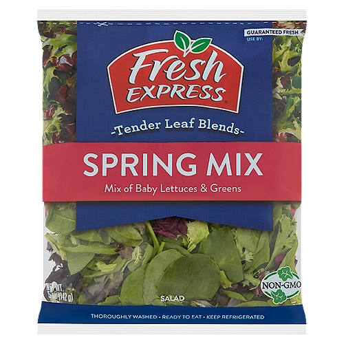 Fresh Express Spring Mix Salad, 5 oz
Mix of Baby Lettuce & Greens

Why We're So Fresh®
To Guarantee Fresh Express Salads Are Consistently, Deliciously Fresh®, We:
• Cool Our Salads within Hours of Harvest and Keep them Chilled from Field to Store.
• Thoroughly Rinse and Gently Dry; then Seal them in Our Keep-Crisp® Bag to Maintain Freshness.
• Deliver Fresh Salads Daily.