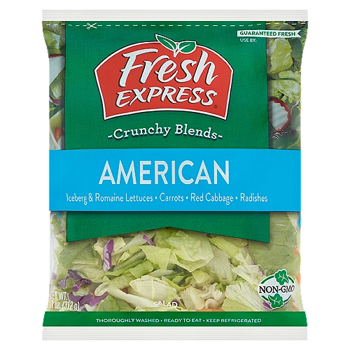 Fresh Express Crunchy Blends American Salad, 11 oz
Iceberg & Romaine Lettuces, Carrots, Red Cabbage, Radishes

Why We're So Fresh®
To Guarantee Fresh Express Salads Are Consistently, Deliciously Fresh®, We:
• Cool Our Salads within Hours of Harvest and Keep Them Chilled from Field to Store.
• Thoroughly Rinse and Gently Dry; Then Seal Them in Our Keep-Crisp® Bag to Maintain Freshness.
• Deliver Fresh Salads Daily.