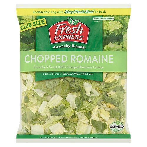Fresh Express Chopped Romaine Salad Club Size, 32 oz
Crunchy and Sweet 100% Chopped Romaine Lettuce

Recloseable bag with StayFreshSeal® on back

Chopped Romaine is an excellent source of vitamin A, vitamin K & Folate.
vitamin A contributes to the maintenance of normal vision. vitamin K contributes to maintenance of normal bone. Folate contributes to normal maternal tissue growth during pregnancy. Low fat diets rich in fruits and vegetables (foods are low in fat and contains vitamin A, vitamin C and dietary fiber) may reduce the risk of some types of cancer, a disease associated with many factors. Romains Lettuce is an excellent source of vitamin A.

Why We're So Fresh®
To Guarantee Fresh Express Salads Are Consistently, Deliciously Fresh®, We:
• Cool Our Salads within Hours of Harvest and Keep them Chilled from Field to Store.
• Thoroughly Rinse and Gently Dry; then Seal them in Our Keep-Crisp® Bag to Maintain Freshness.
• Deliver Fresh Salads Daily.
