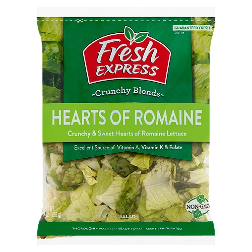 Crunchy and sweet 100% hearts of romaine lettuce. Tender, sweet inner leaves ensure crispness.